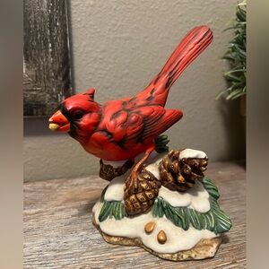 Classic Treasures Porcelain Red Cardinal Bird Figurine Winter Snow Pine Cone 5"